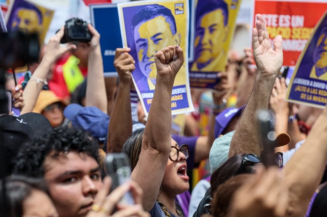 Los Angeles, CA, Monday, June 9, 2025 - Thousands rally at Grand Park in support of union leader David Huerta who was recently detained by ICE agents and faces federal charges. (Robert Gauthier/Los Angeles Times via Getty Images)