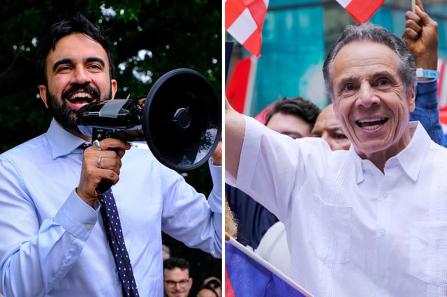Right:  Andrew Cuomo at the 2025 National Puerto Rican Day Parade June 8, 2025 in New York City. 
Left: Zohran Mamdani speaks to a crowd during a campaign event in the Bedford Stuyvesant neighborhood of the borough of Brooklyn, New York City on May 31, 2025.