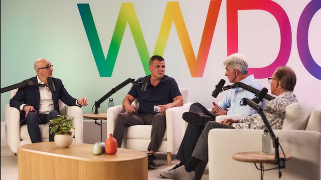 Left to right: Lance Ulanoff and Mark Spoonauer chat with Craig Federighi and Greg Josiwak