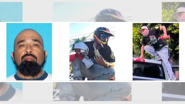 Elpidio Reyna, 40, of Compton is accused of being the person who was caught on video throwing large rocks at federal vehicles driving through Paramount during  immigration-raid protests on Saturday, June 7, 2025. He is currently at large. (Image courtesy of the FBI)