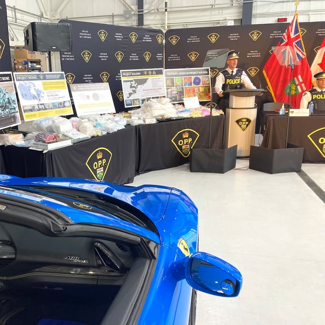 Ontario Provincial Police Commissioner Thomas Carrique speaks at press conference about a two separate, large-scale drug trafficking investigations. Displays show one that yielded the largest seizure of fentanyl to date.  Taken on June 10, 2025 in Orillia, Ontario.