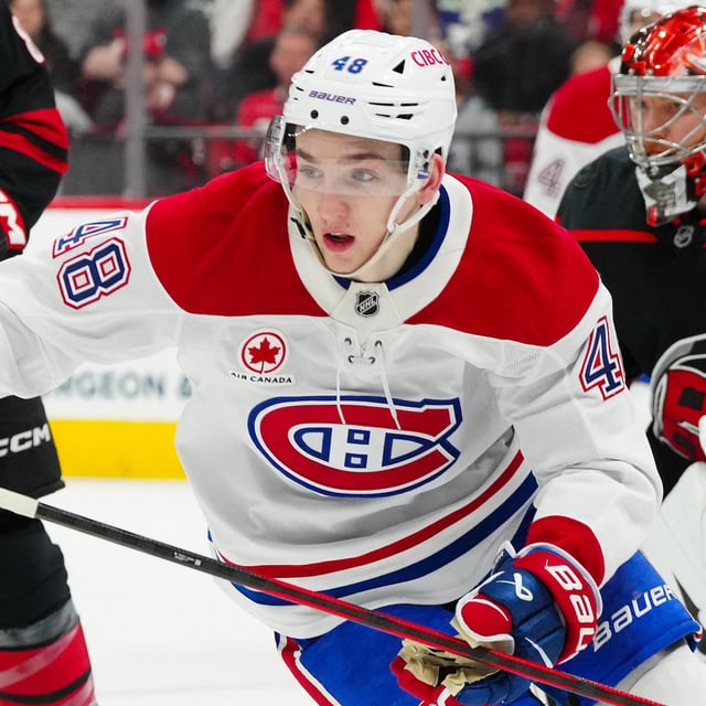 Montreal Canadiens defenceman Lane Hutson  skating against the Carolina Hurricanes in March. Hutson has been named the 2024-25 Calder Trophy winner as the NHL’s rookie of the year.