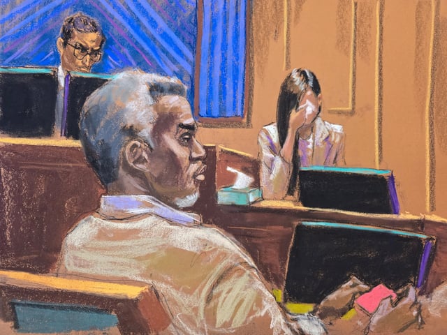 Sean "Diddy" Combs watches as a witness testifies under the pseudonym Jane to protect her privacy, before U.S. District Judge Arun Subramanian during Combs' sex trafficking trial in New York City, New York, U.S., June 9, 2025 in this courtroom sketch. REUTERS/Jane Rosenberg