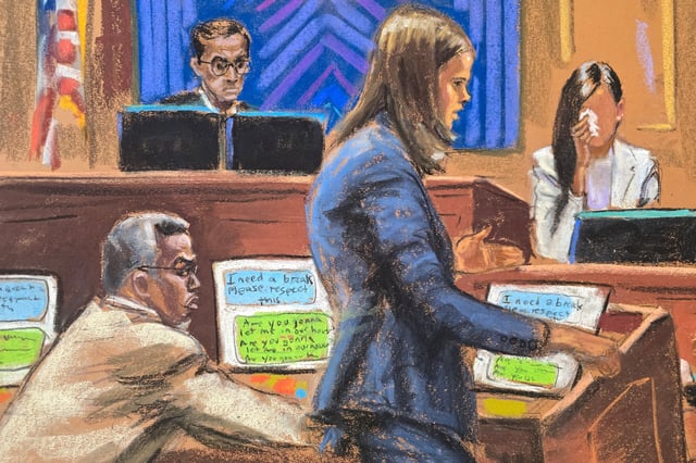 Sean "Diddy" Combs watches as prosecutor Maurene Comey questions a witness testifying under the pseudonym Jane to protect her privacy, before U.S. District Judge Arun Subramanian during Combs' sex trafficking trial in New York City, New York, U.S., June 9, 2025 in this courtroom sketch. REUTERS/Jane Rosenberg