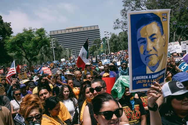 Demonstrators and labor unions gather at Grand Park in downtown Los Angeles for a rally demanding the release of David Huerta, a prominent union leader, on Monday, June 9, 2025. (Mark Abramson/The New York Times)