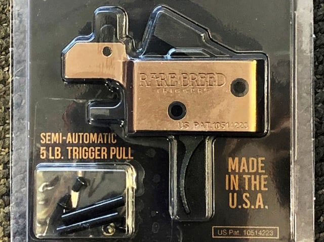 This undated photo provided by the Bureau of Alcohol, Tobacco, Firearms and Explosives, shows the FRT-15 made by Rare Breed Triggers, an after-market device for AR-15-style rifles that allows them to shoot seemingly as fast as fully automatic weapons. Evidence shows Rare Breed Triggers fraudulently misled consumers that the devices were legal and continued selling them deceptively even after being warned by the government, a federal judge in New York ruled Tuesday, Sept. 5, 2023. (Bureau of Alcohol, Tobacco, Firearms and Explosives via AP)