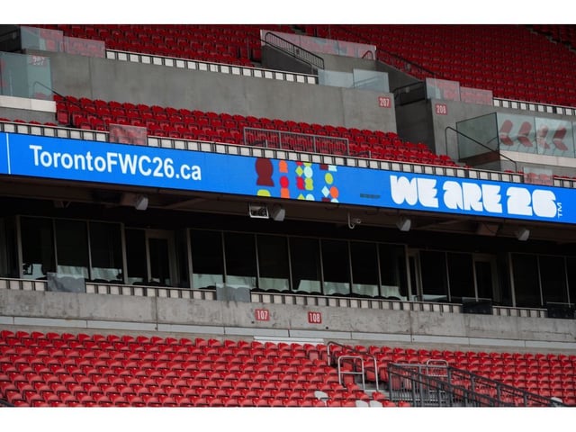 Signage for the official brand and new #WeAre26 awareness campaign, as a host city for FIFA World Cup 2026, photographed at BMO Field in Toronto, on Thursday, May 18, 2023.