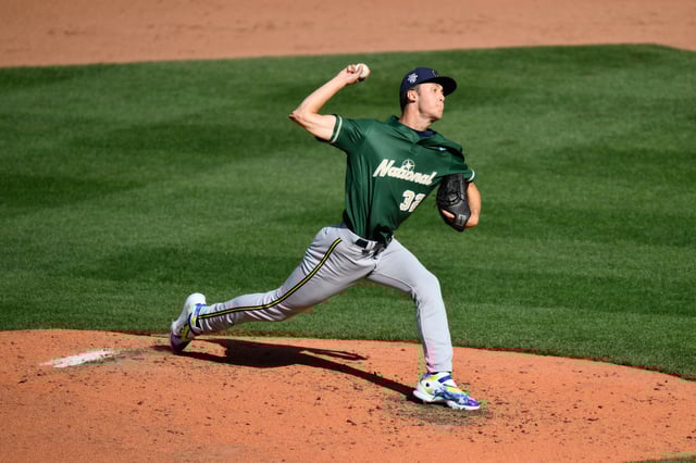 Jul 8, 2023; Seattle, Washington, USA; National League Futures relief pitcher Jacob Misiorowski (32) of the Milwaukee Brewers pitches to the American League during the fourth inning of the All Star-Futures game at T-Mobile Park. Mandatory Credit: Steven Bisig-USA TODAY Sports/File Photo