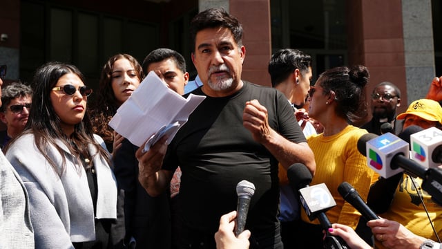 David Huerta, president of the Service Employees International Union (SEIU) California, who was arrested during an immigration raid last week, speaks after he was released on a bond in downtown Los Angeles, Monday, June 9, 2025. (AP Photo/Damian Dovarganes)