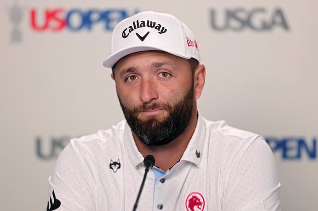 Jon Rahm of Spain speaks to the media during a practice round prior to the 125th U.S. OPEN at Oakmont Country Club on June 10, 2025 in Oakmont, Pennsylvania.