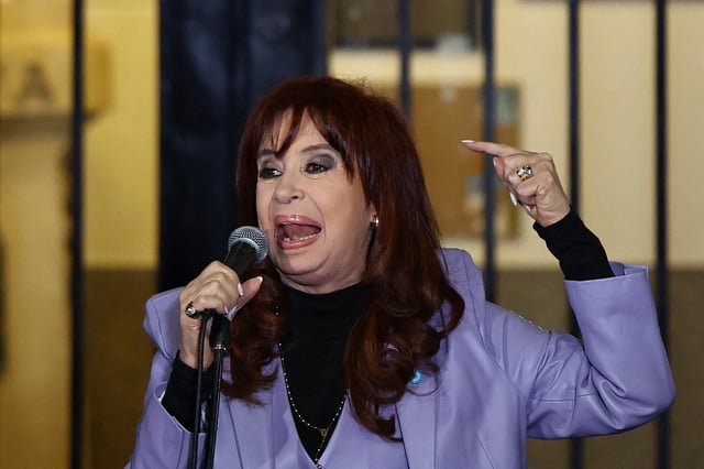 Argentina's former President Cristina Fernandez de Kirchner speaks outside the Partido Justicialista (Justicialista Party) national building, as Argentina’s Supreme Court is expected to uphold a guilty verdict sentencing Fernandez de Kirchner to six years in prison for defrauding the state and banning her from public office,in Buenos Aires, Argentina, June 9, 2025. REUTERS/Agustin Marcarian/File Photo