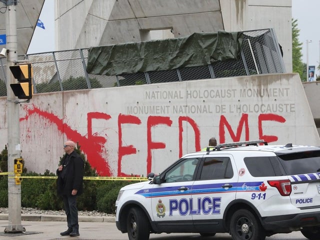  A photo taken Monday shows the vandalism of the National Holocaust Memorial in Ottawa.