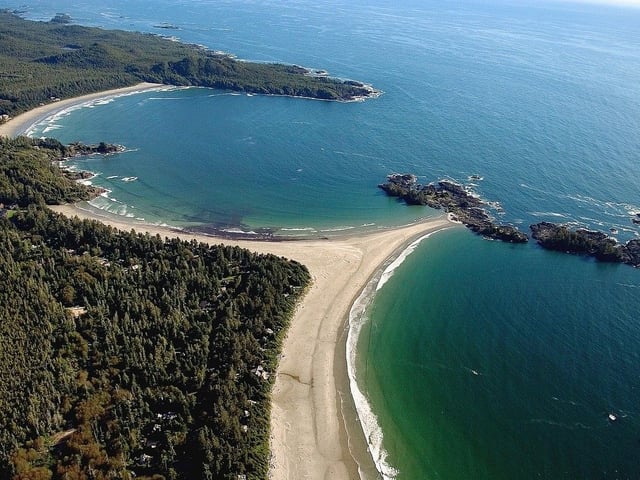 An aerial view of Chesterman Beach in Tofino. 