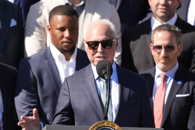 Apr 28, 2025; Washington, DC, USA; Philadelphia Eagles' owner Jeffrey Lurie speaks as President Donald Trump honors the Super Bowl LIX champion Philadelphia Eagles at The White House in Washington D.C., on April 28, 2025. Mandatory Credit: Josh Morgan-USA TODAY via Imagn Images/File Photo