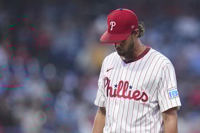 PHILADELPHIA, PENNSYLVANIA - MAY 14: Aaron Nola #27 of the Philadelphia Phillies walks to the dugout after being removed from the game in the top of the fourth inning against the St. Louis Cardinals during game two of a doubleheader at Citizens Bank Park on May 14, 2025 in Philadelphia, Pennsylvania. The Cardinals defeated the Phillies 14-7.