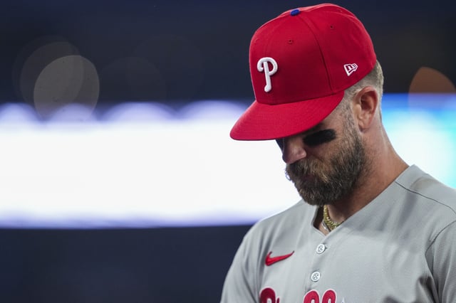 TORONTO, ON - JUNE 4: Bryce Harper #3 of the Philadelphia Phillies looks on against the Toronto Blue Jays during the fifth inning in their MLB game at the Rogers Centre on June 4, 2025 in Toronto, Ontario, Canada. (Photo by Mark Blinch/Getty Images)