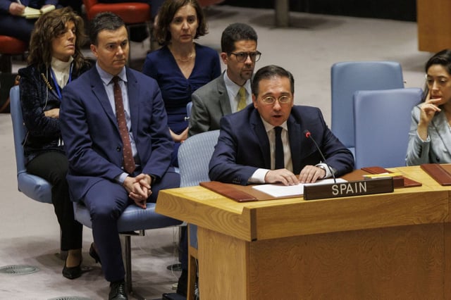 Nueva York, 18/04/2024.- El ministro de Exteriores, Jose Manuel Albares, comparece en el Consejo de Seguridad de Naciones Unidas