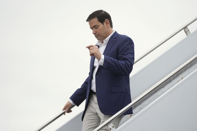 Secretary of State Marco Rubio arrives on Air Force One at Hagerstown Regional Airport, in Hagerstown, Md., on his was to Camp David, Md., Sunday, June 8, 2025. (AP Photo/Manuel Balce Ceneta)