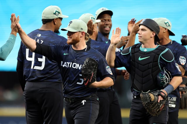 Craig Kimbrel #31 of the Philadelphia Phillies celebrates with teammates after defeating the American League 3-2 during the 93rd MLB All-Star Game presented by Mastercard at T-Mobile Park on July 11, 2023 in Seattle, Washington.