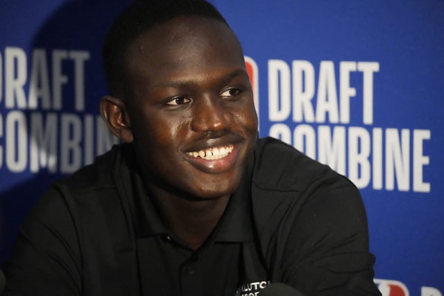 May 14, 2025; Chicago, Il, USA; Khaman Maluach talks to the media during the 2025 NBA Draft Combine at Marriott Marquis Chicago. Mandatory Credit: David Banks-Imagn Images/File Photo