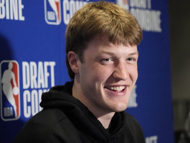 May 14, 2025; Chicago, Il, USA; Kon Knueppel talks to the media during the 2025 NBA Draft Combine at Marriott Marquis Chicago. Mandatory Credit: David Banks-Imagn Images/File Photo