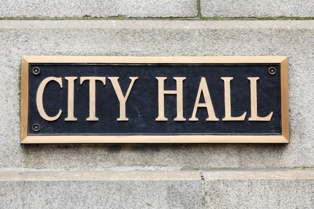 City Hall municipal sign in Chicago high resolution photo.
