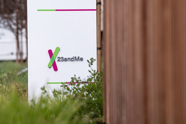 Signage at 23andMe headquarters in Sunnyvale, California, U.S., on Wednesday, Jan. 27, 2021. Consumer DNA-testing company 23andMe Inc. is in talks to go public through a roughly $4 billion deal with VG Acquisition Corp., a special purpose acquisition company founded by billionaire Richard Branson, according to people familiar with the matter. Photographer: David Paul Morris/Bloomberg via Getty Images