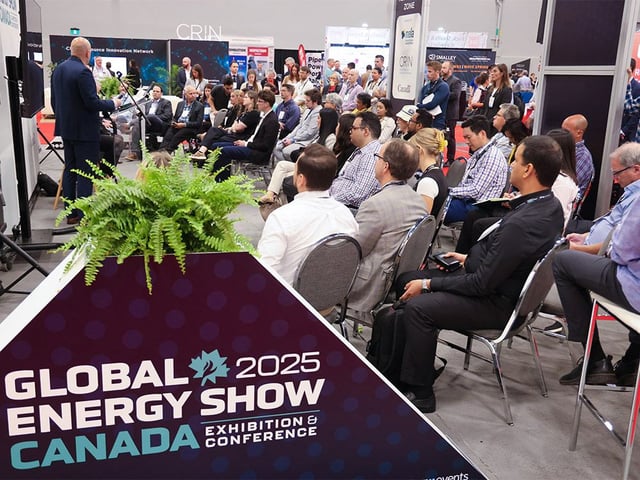  Delegates listen to a panel discussion on the trade show floor at the Global Energy Show in Calgary on Tuesday, June 10, 2025.