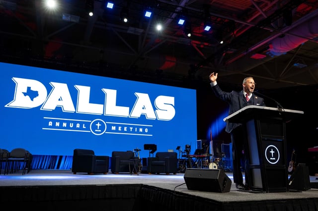 Southern Baptist Convention president Clint Pressley speaks during the Convention’s annual meeting on Tuesday, June 10, 2025, at the Kay Bailey Hutchison Convention Center in Dallas.