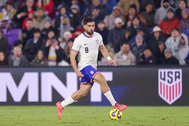 Brian White #8 of the United States advances the ball during the second half against Costa Rica during an international friendly at Inter&amp;Co Stadium on January 22, 2025 in Orlando, Florida.