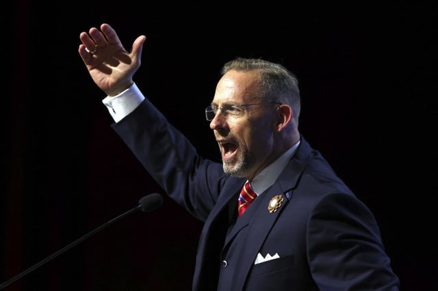 Southern Baptist Convention President Clint Pressley gives the President's Address during the 2025 SBC Annual Meeting, Tuesday, June 10, 2025, in Dallas. (AP Photo/Richard W. Rodriguez)