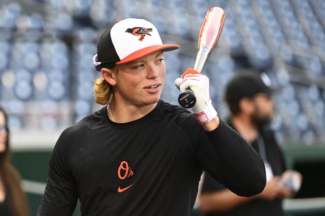 Apr 23, 2025; Washington, District of Columbia, USA; Baltimore Orioles second base Jordan Westburg (11) warms up before the game against the Washington Nationals at Nationals Park. Mandatory Credit: Brad Mills-Imagn Images/File Photo