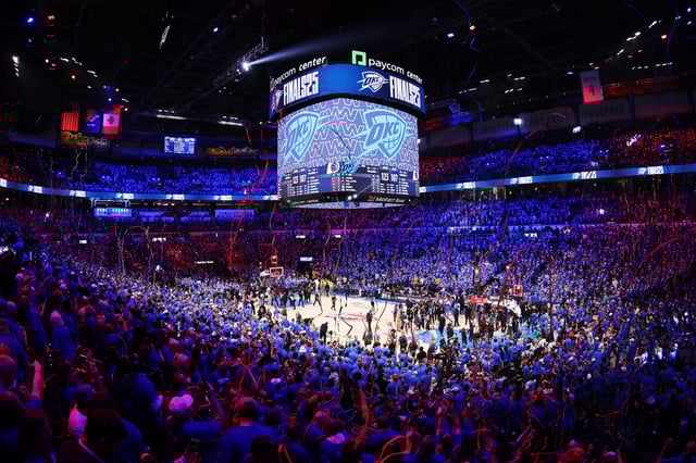 The Oklahoma City Thunder celebrate their 123-107 win against the Indiana Pacers in Game Two of the 2025 NBA Finals at Paycom Center on June 08, 2025 in Oklahoma City, Oklahoma.