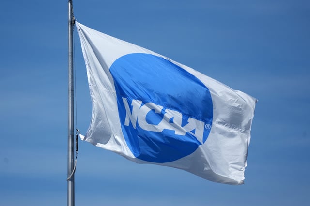 Jun 10, 2025; Eugene, OR, USA; A NCAA logo flag at the NCAA Track and Field Championships at Hayward Field. Mandatory Credit: Kirby Lee-Imagn Images
