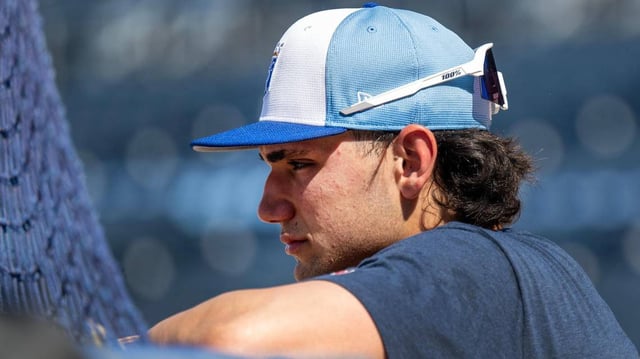 Kansas City Royals outfielder Jac Caglianone (14) before the game against the New York Yankees on Tuesday, June 10, 2025, at Kauffman Stadium in Kansas City.