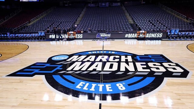 Mar 27, 2025; Newark, NJ, USA; A view of March Madness signage and the court before  an East Regional semifinal of the 2025 NCAA tournament between the Alabama Crimson Tide and the Brigham Young Cougars at Prudential Center. Mandatory Credit: Vincent Carchietta-Imagn Images