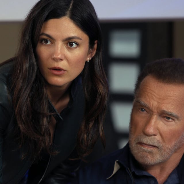 Monica Barbaro as Emma Brunner and Arnold Schwarzenegger as Luke Brunner in Netflix's "Fubar."