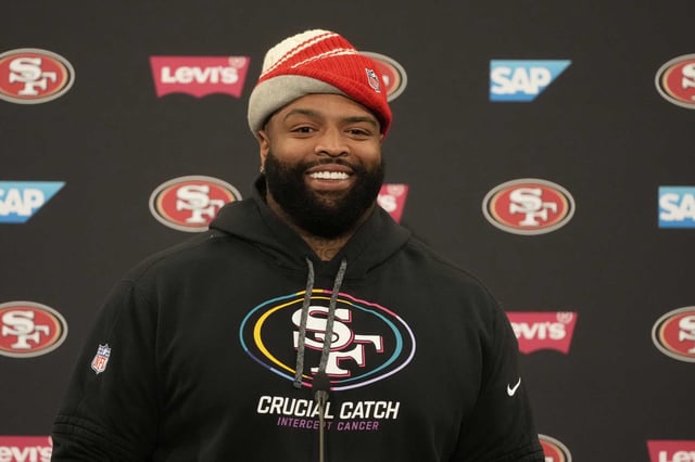 San Francisco 49ers offensive tackle Trent Williams speaks during a news conference after practice at NFL football minicamp Tuesday, June 10, 2025, in Santa Clara, Calif.