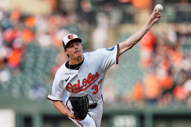 Baltimore Orioles starting pitcher Cade Povich (37) delivers during the first inning of a baseball game against the Detroit Tigers, Tuesday, June 10, 2025, in Baltimore. (AP Photo/Stephanie Scarbrough)