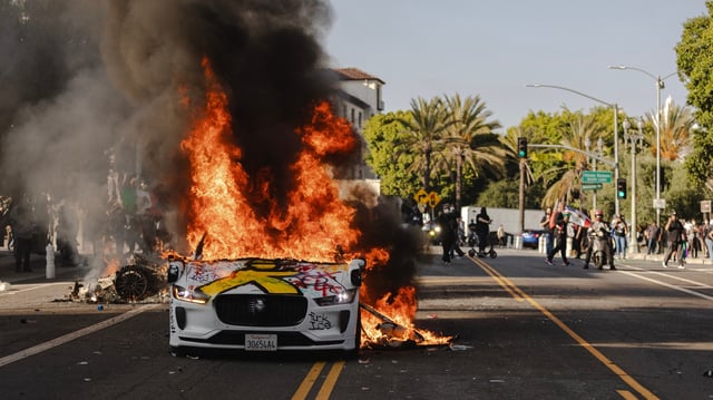 Une voiture incendiée dans le nord de Los Angeles lors des confrontations entre les manifestants et la police, le dimanche 8 juin.