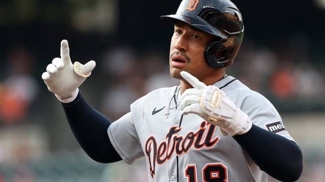Jun 10, 2025; Baltimore, Maryland, USA; Detroit Tigers outfielder Jahmai Jones (18) celebrates after hitting a single during the third inning against the Baltimore Orioles at Oriole Park at Camden Yards. Mandatory Credit: Daniel Kucin Jr.-Imagn Images