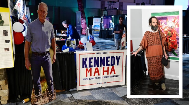 A Kennedy MAHA booth was present at the Independent National Convention in Denver, Colorado, on Sept. 19, 2024. (Hyoung Chang/The Denver Post via Getty Images); Inset: Leland Lehrman attends the Roni Willett And Walid Layadi-Marfouk Host U.N. General Assembly Exhibition Africa House Second Generations Closing Reception at Africa House on Sept. 27, 2018 in New York City. (Jared Siskin/Patrick McMullan via Getty Images)