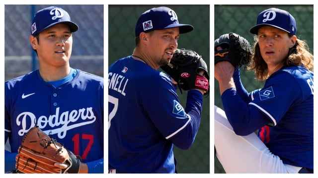 The Dodgers were encouraged by what they saw in the latest rehab sessions for pitchers Shohei Ohtani, left, Blake Snell, center, and Tyler Glasnow, right, on Tuesday. (Photos by The Associated Press)