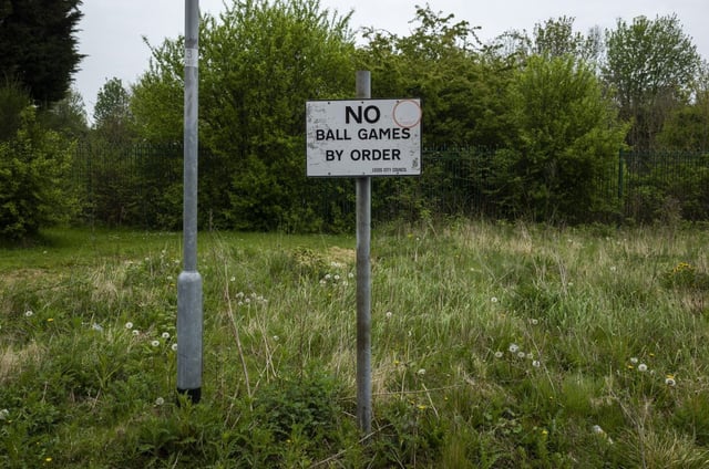 A Leeds City Council sign which reads &#34;no balls games by order&#34;, a common sight around council estates in the country, on 2nd May, 2022 in Leeds, United Kingdom. (photo by Daniel Harvey Gonzalez/In Pictures via Getty Images)