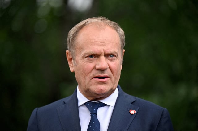 Poland's Prime Minister Donald Tusk talks to the press after their meeting on May 16, 2025 in Tirana, Albania. Leon Neal/Pool via REUTERS//File Photo