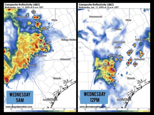 Future weather radar models depicting Central and South Texas at 5 a.m., left, and at noon Wednesday, right, show storms developing along the Interstate 35 corridor.