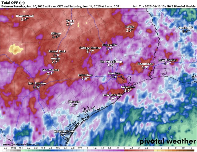 Shown are potential cumulative rainfall totals through Friday in South Texas, according to the National Blend of Models.
