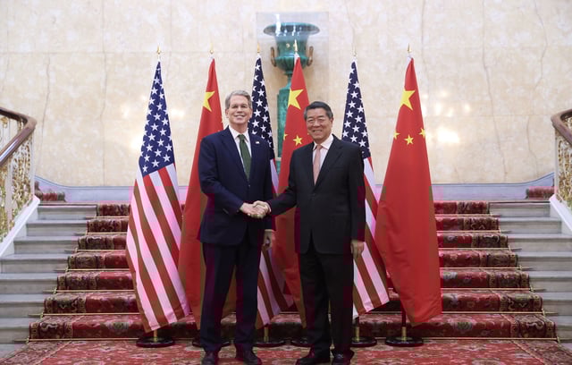 Chinese Vice Premier He Lifeng, also a member of the Political Bureau of the Communist Party of China Central Committee, shakes hands with U.S. Treasury Secretary Scott Bessent prior to the first meeting of the China-U.S. economic and trade consultation mechanism in London, Britain, June 9, 2025. The meeting opened here on Monday. He Lifeng attended the meeting with U.S. representatives. (Photo by Li Ying/Xinhua via Getty Images)