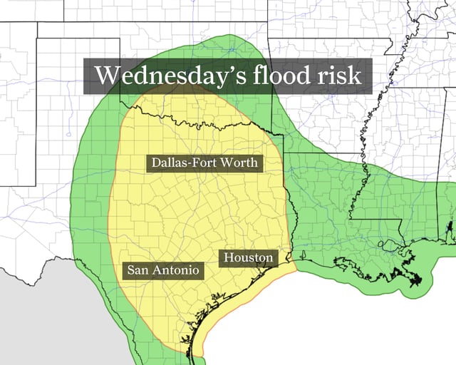 This flood risk outlook for Wednesday from the National Weather Service’s Weather Prediction Center gives the region in yellow, stretching across the eastern two-thirds of Texas, at least a 15% chance of flash flooding occurring.