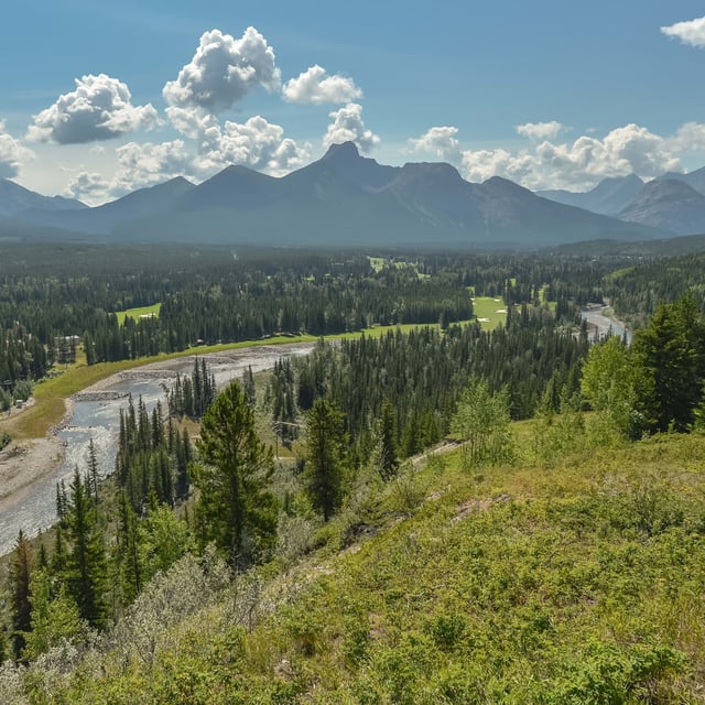 A general view of a valley from a Terrace Trail in Kananaskis Village.
On Wednesday, August 8, 2018, in Kananaskis Village, Kananaskis Country, Alberta, Canada. (Photo by Artur Widak/NurPhoto via Getty Images)